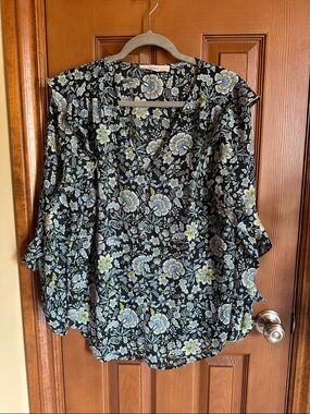 LOFT Black Floral V-Neck Blouse with Blue and Yellow Flowers, size Large